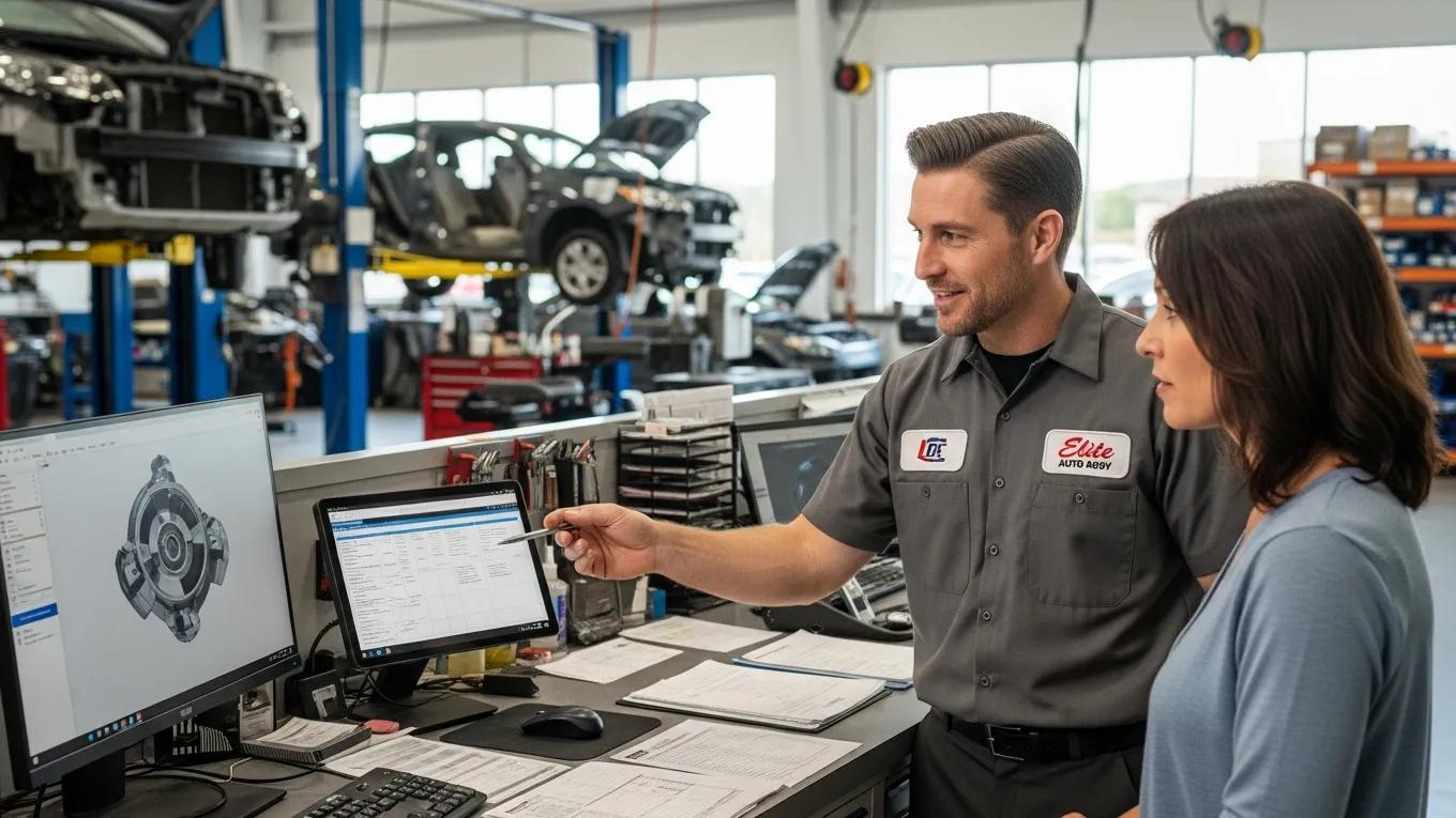 Technician explaining repair estimates to a customer in an auto body shop