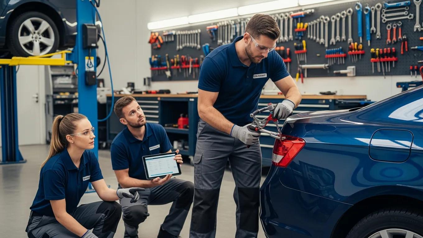 Certified auto body repair technicians demonstrating professional skills on a vehicle