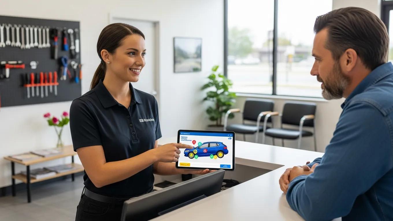 Auto body shop employee communicating with a customer