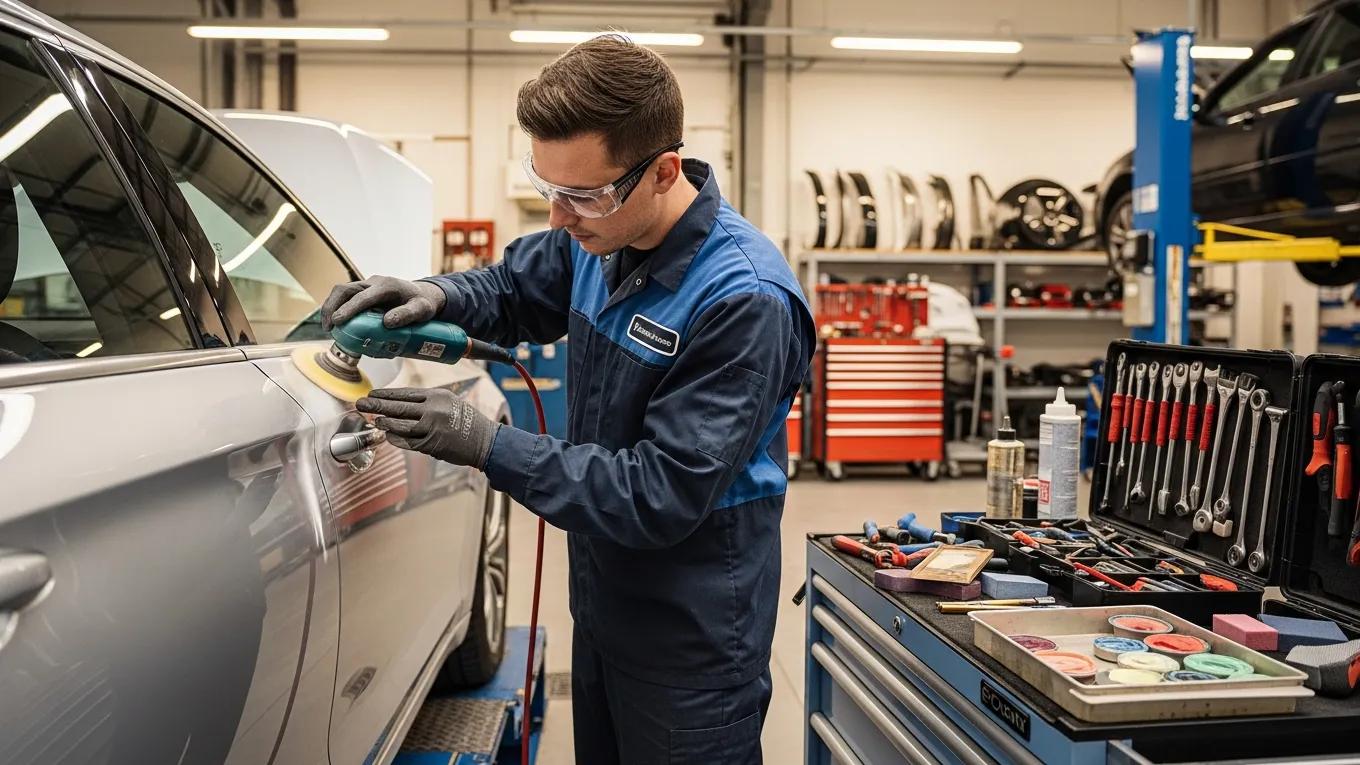 Auto technician performing cosmetic repairs on a car, showcasing repair methods in action