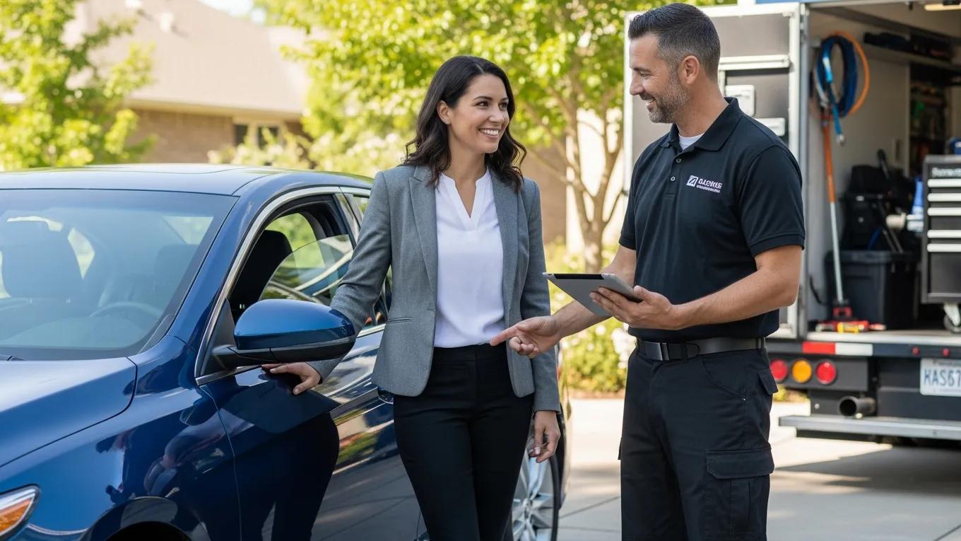 Satisfied vehicle owner interacting with a technician during mobile auto collision repair