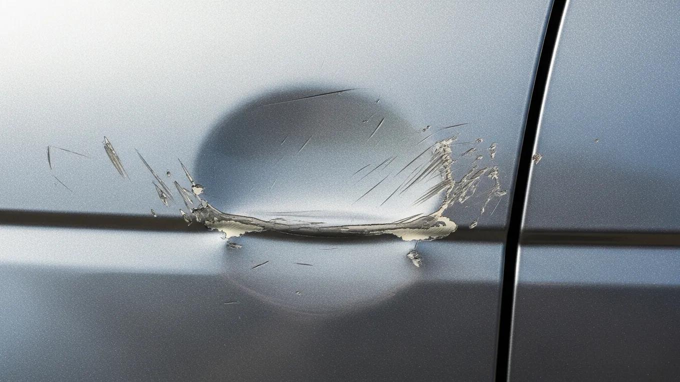 Close-up of a car's body displaying various cosmetic damages like dents and scratches