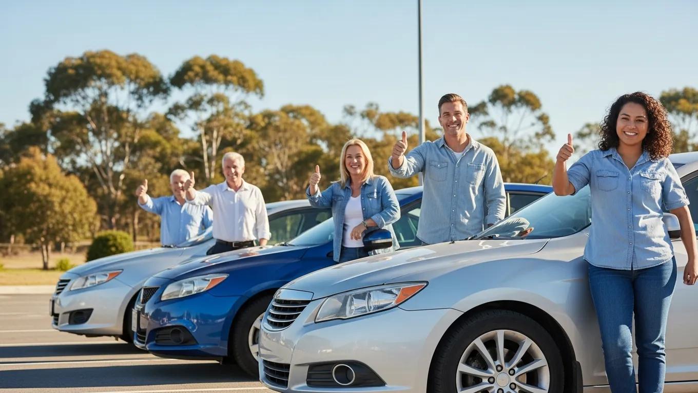Happy customers with their repaired vehicles, reflecting satisfaction with mobile cosmetic auto repair services