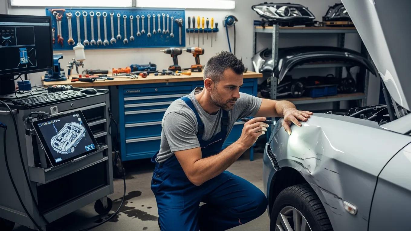 Mechanic inspecting vehicle damage to determine repair costs