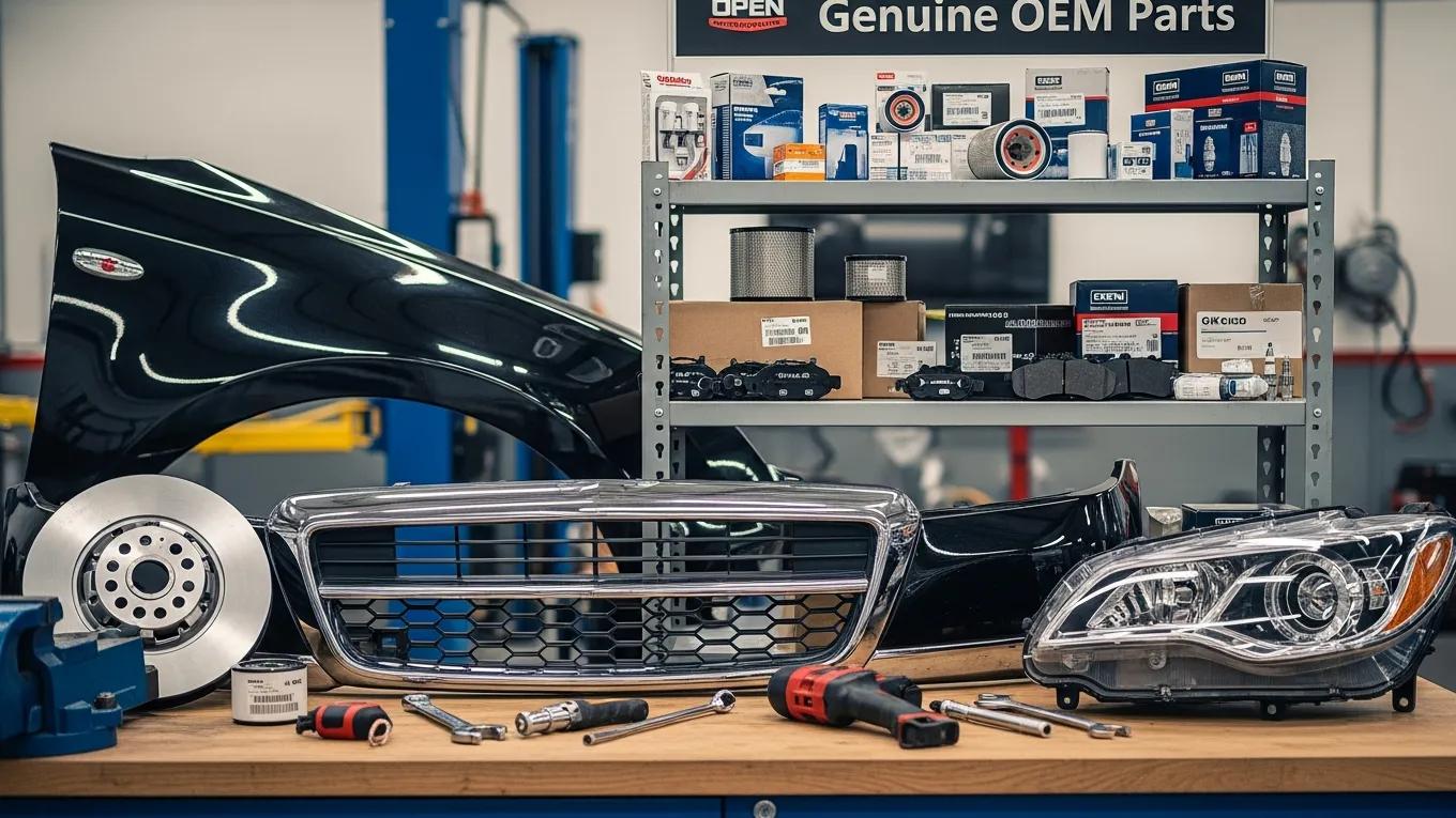 OEM auto parts displayed in a repair shop, highlighting their importance in collision repair quality