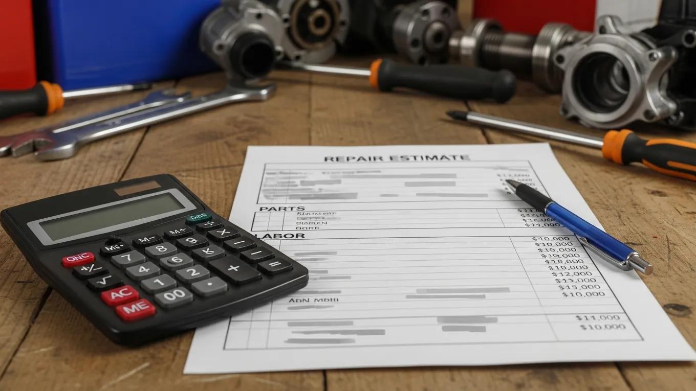 Repair estimate document with tools in an auto body shop