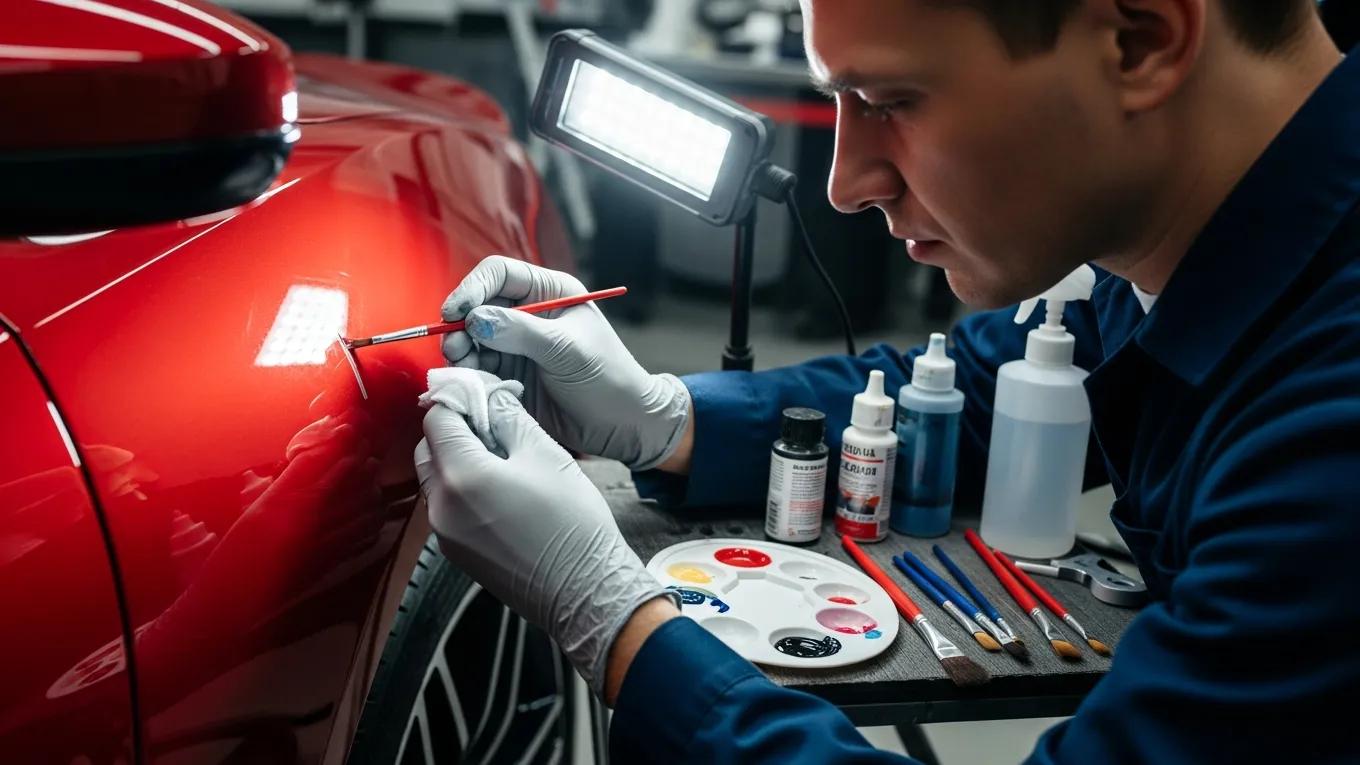 Technician applying paint touch-up to a vehicle in an auto repair shop