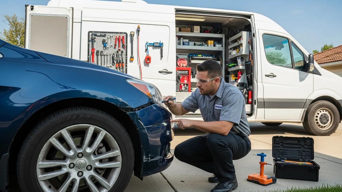 Technician assessing vehicle damage during the mobile auto collision repair process