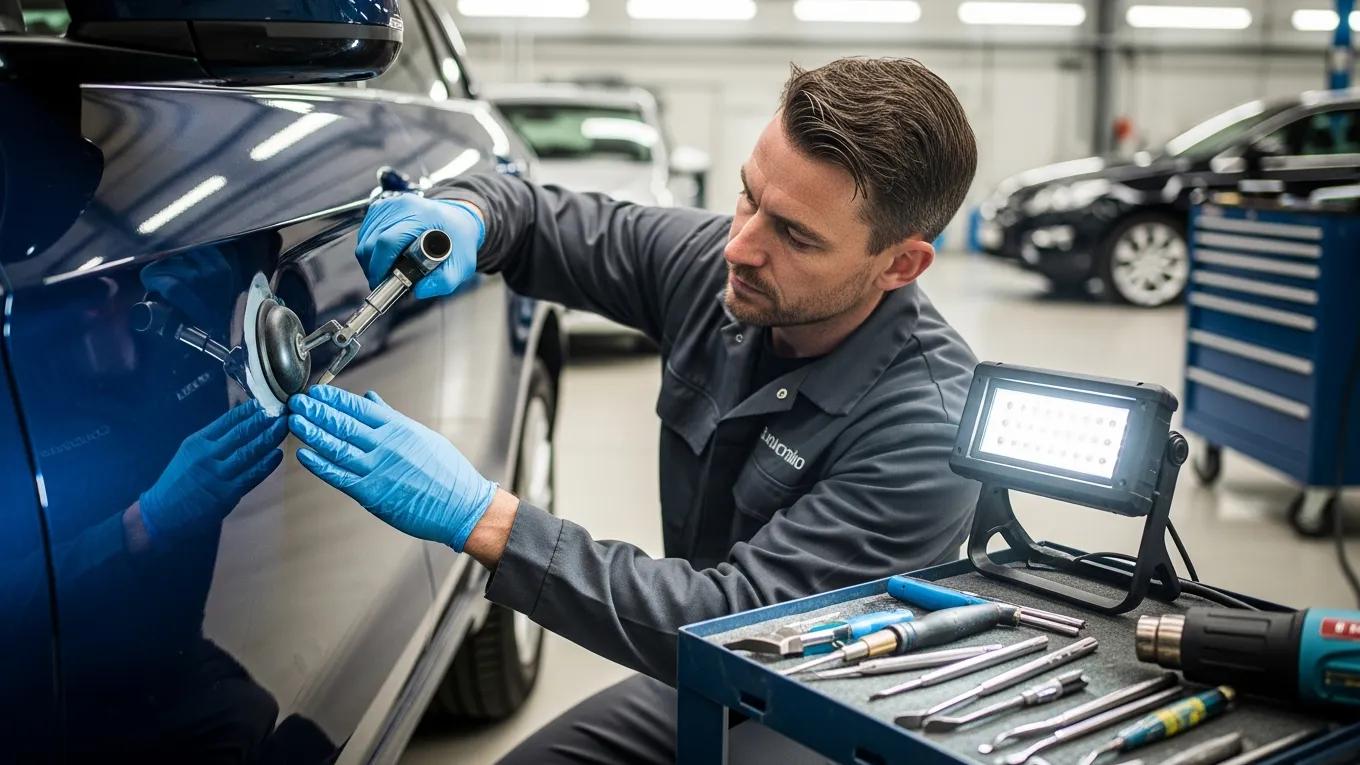 Technician repairing a dent on a car in a professional auto shop