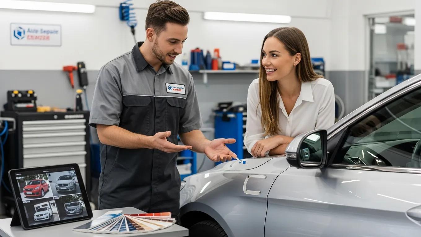 Mobile auto paint repair technician discussing damage assessment with customer and vehicle.
