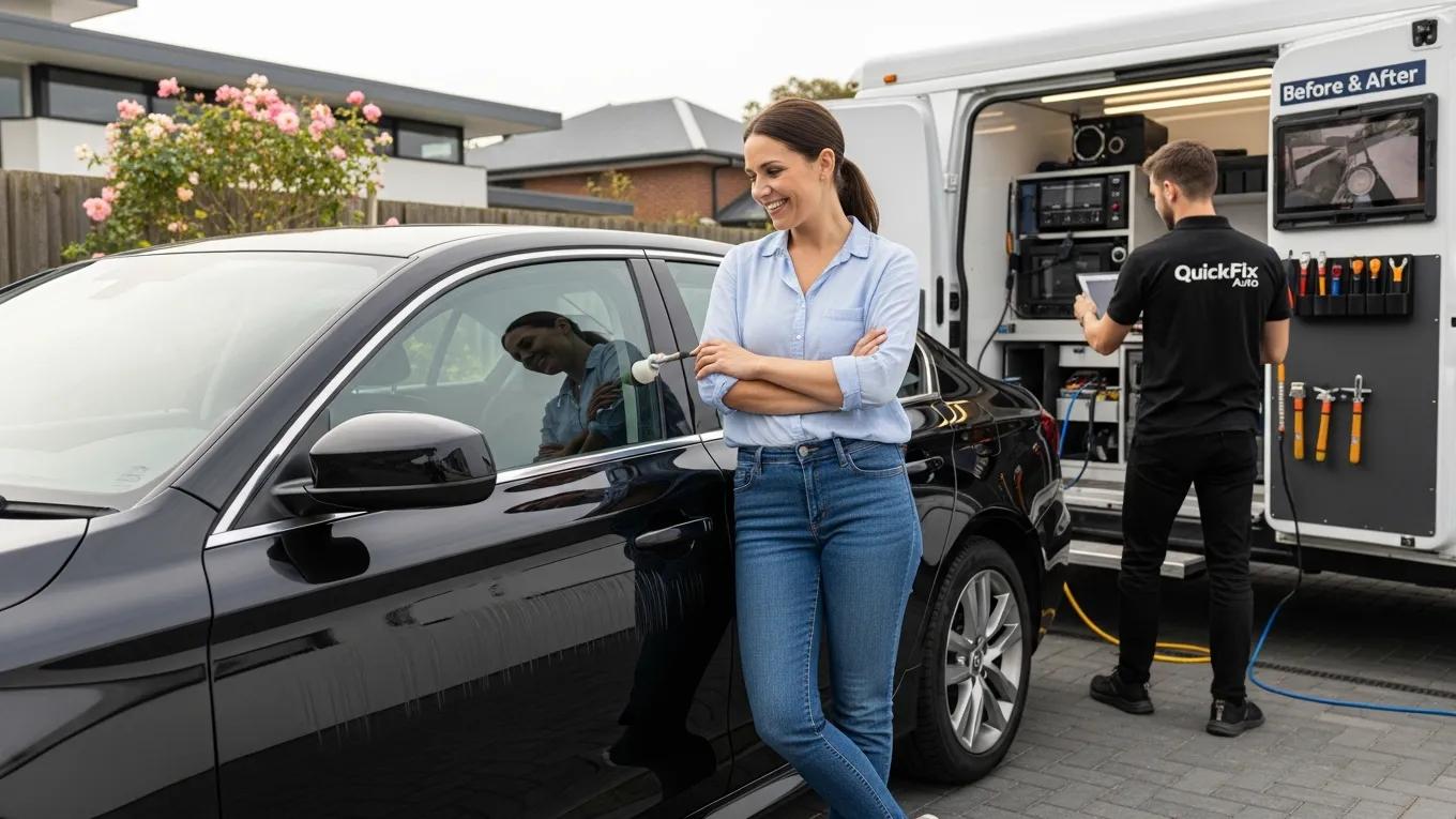 Mobile auto paint repair technician and customer inspecting car scratch repair at residential location.