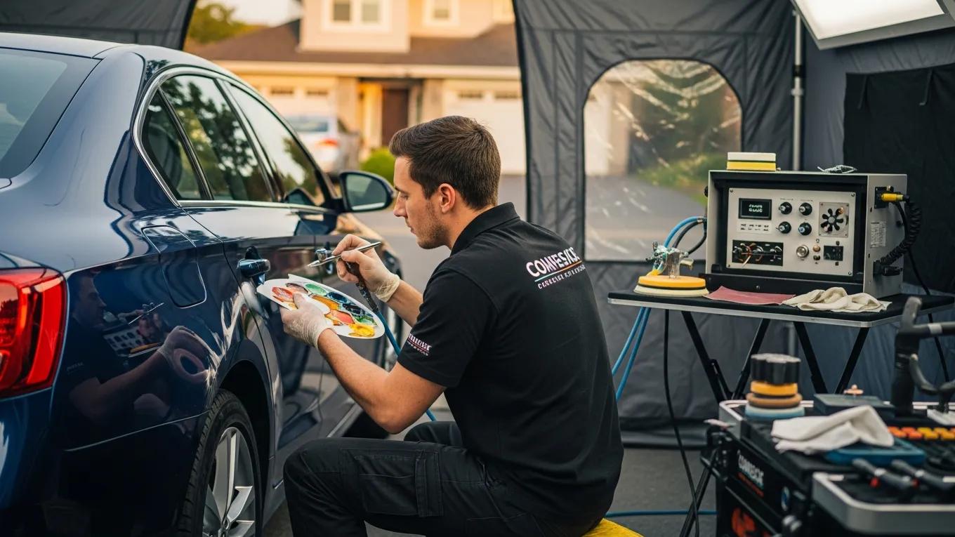 Mobile auto paint repair technician restoring car finish with equipment in on-site service tent.