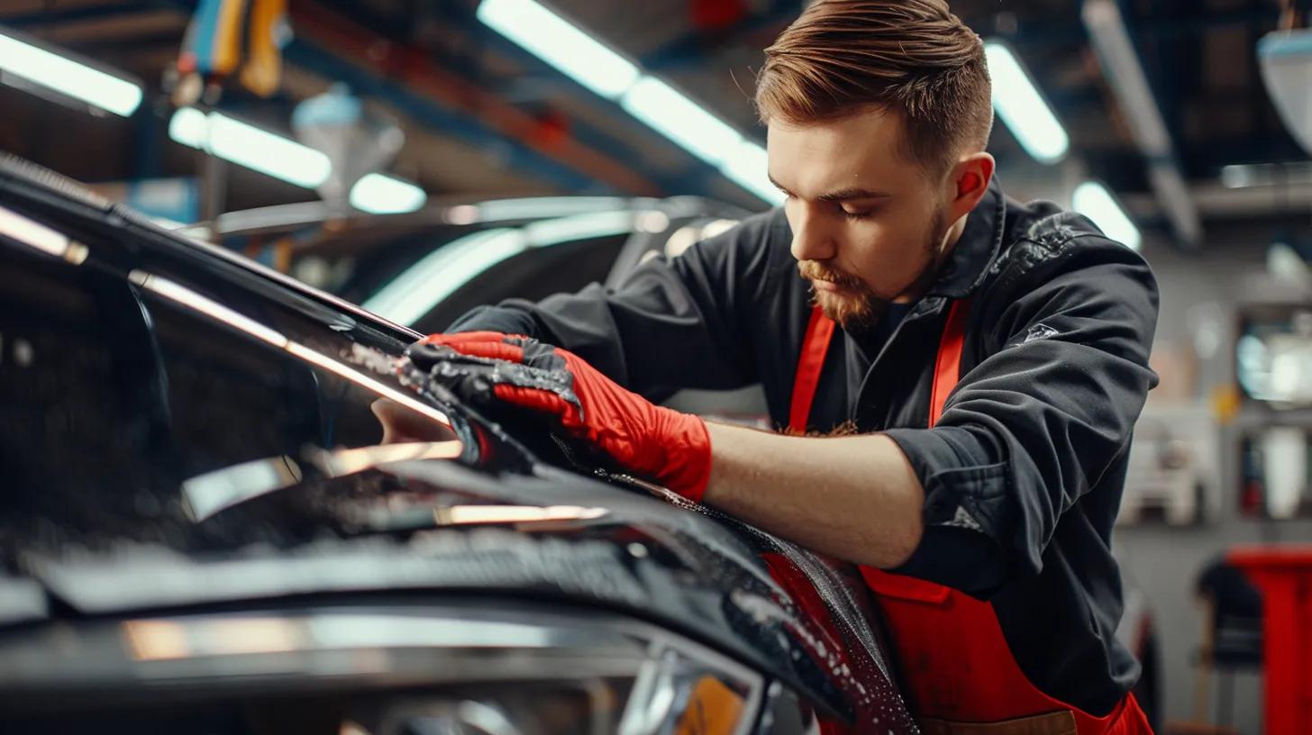 Auto technician restoring car paint in a shop, depicting professional service and vehicle care
