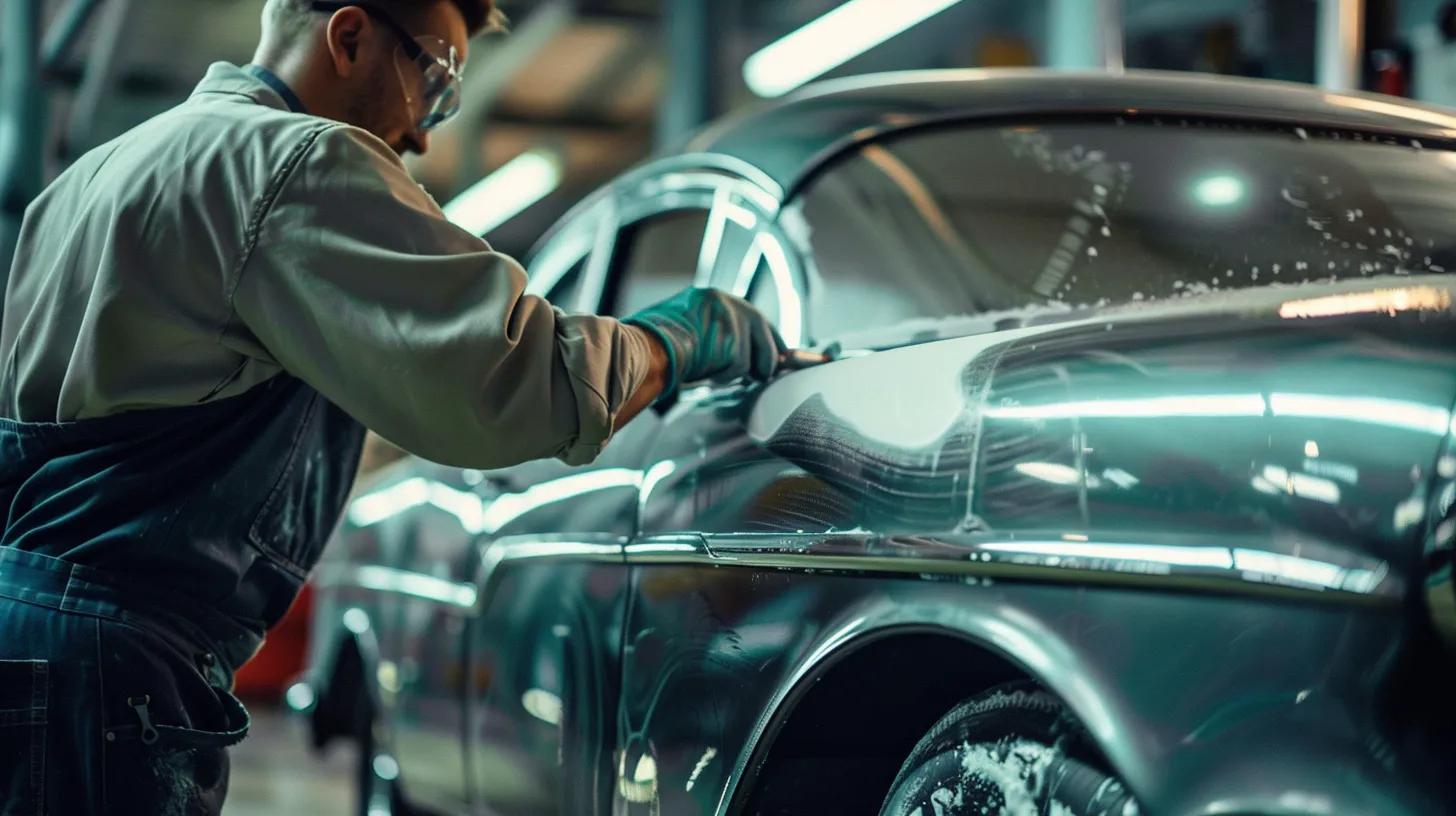 Auto technician restoring car paint in a shop, depicting professional service and vehicle care