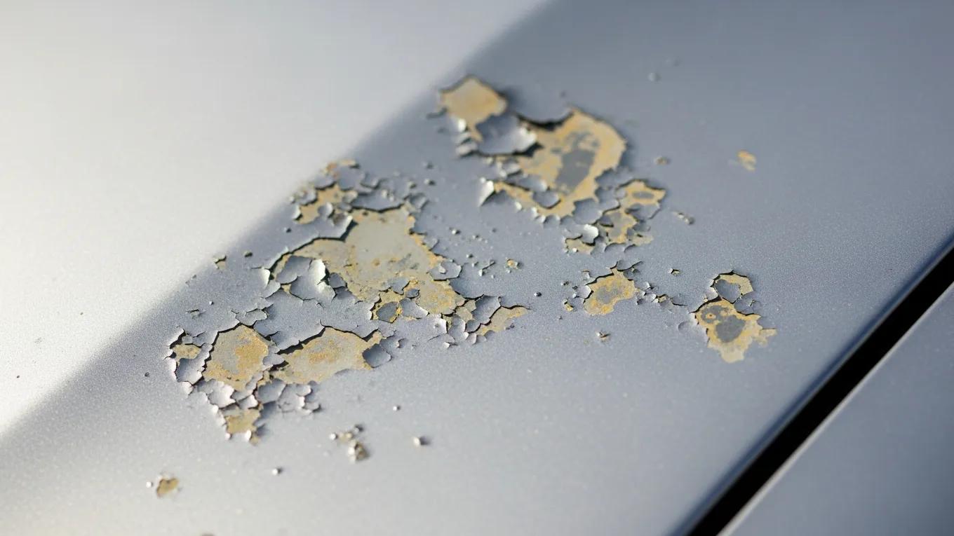 Close-up of auto paint peeling and bubbling on vehicle hood, covered by Cosmetic Auto Masters warranty.