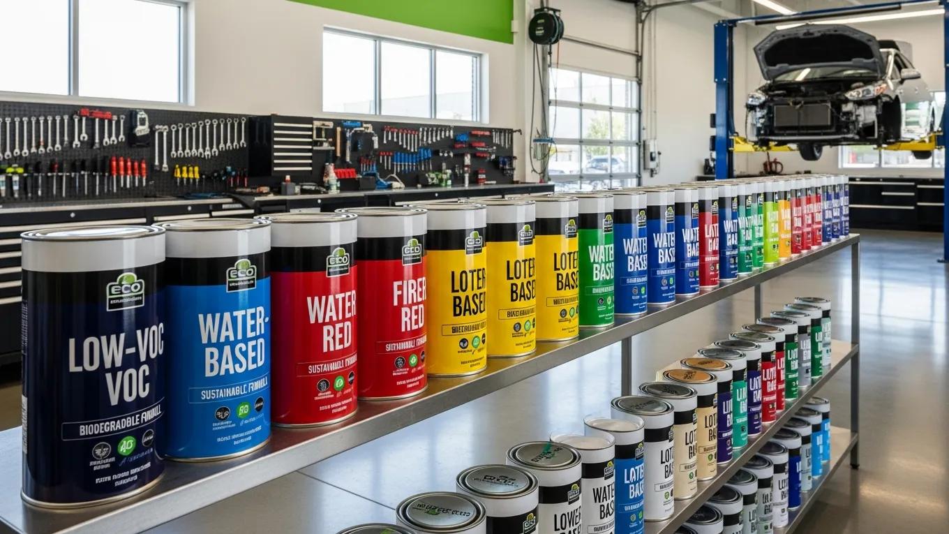 Eco-friendly auto paint options displayed in a modern Charlotte auto shop