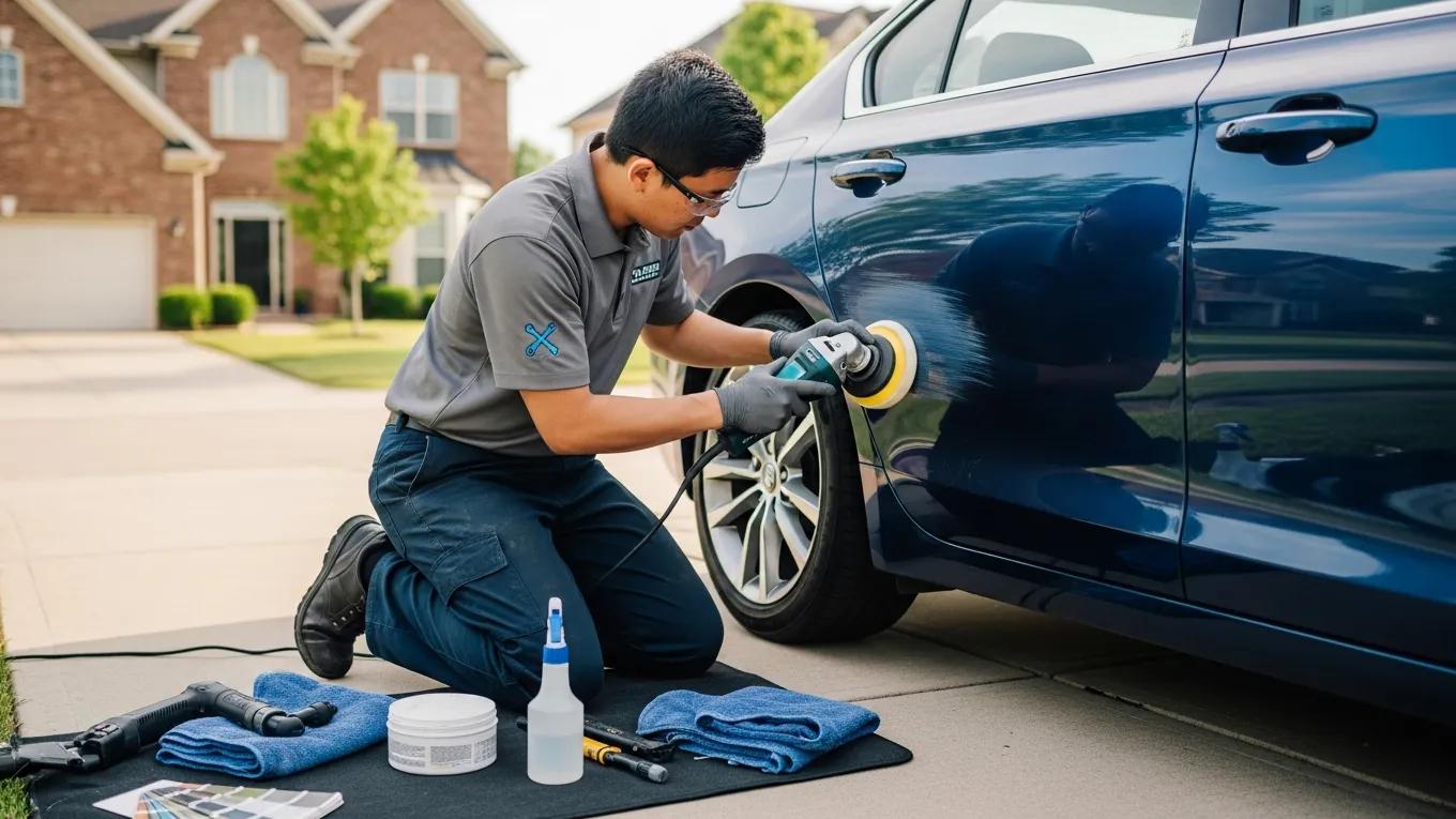Cosmetic Auto Masters technician performing mobile auto paint repair on a blue car in a Charlotte, NC driveway.