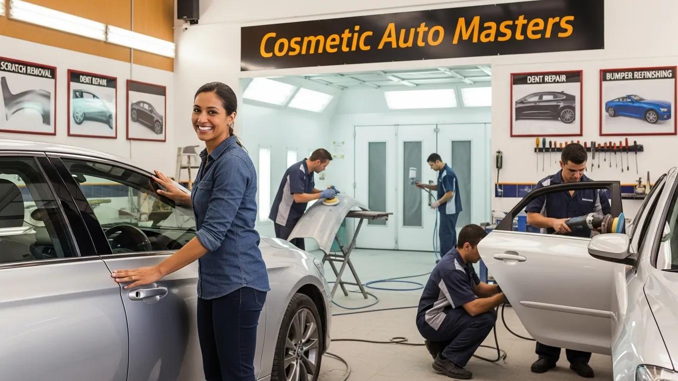 Happy customer checking their freshly repaired vehicle at Cosmetic Auto Masters, emphasizing quality auto repair services