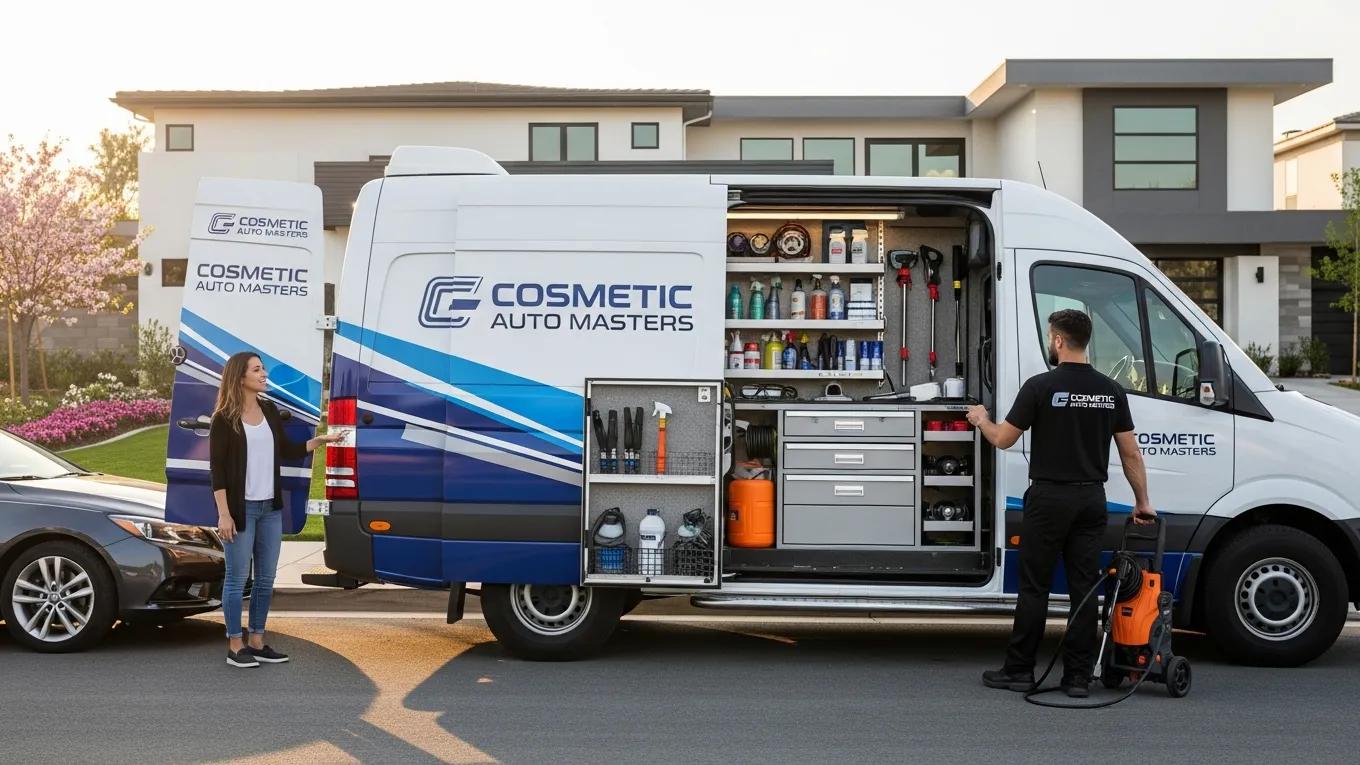 Mobile auto repair service van from Cosmetic Auto Masters parked at a customer's location, showcasing convenience in auto services