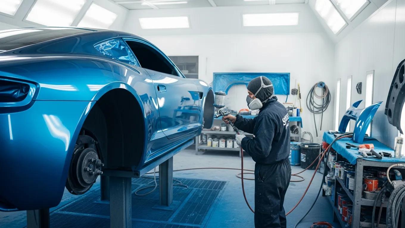 Professional auto painter performing cosmetic paint repair on a blue vehicle in a workshop, ensuring quality auto paint repair guarantees.
