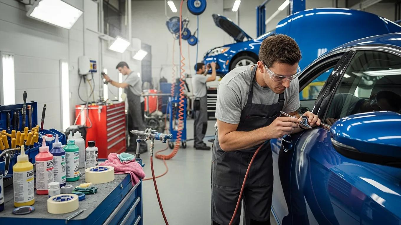 Professional car paint repair technician applying touch-up paint to blue vehicle, automotive paint damage assessment.