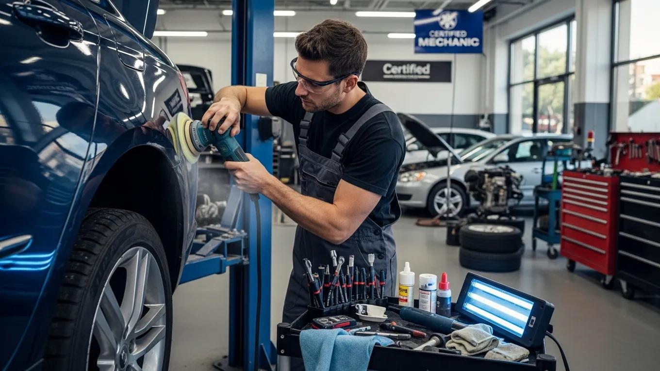 Professional mechanic repairing car scratch in auto shop, Cosmetic Auto Masters service.