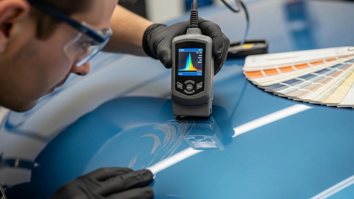 Automotive technician inspecting paint damage and using color matching tools for accurate assessment.