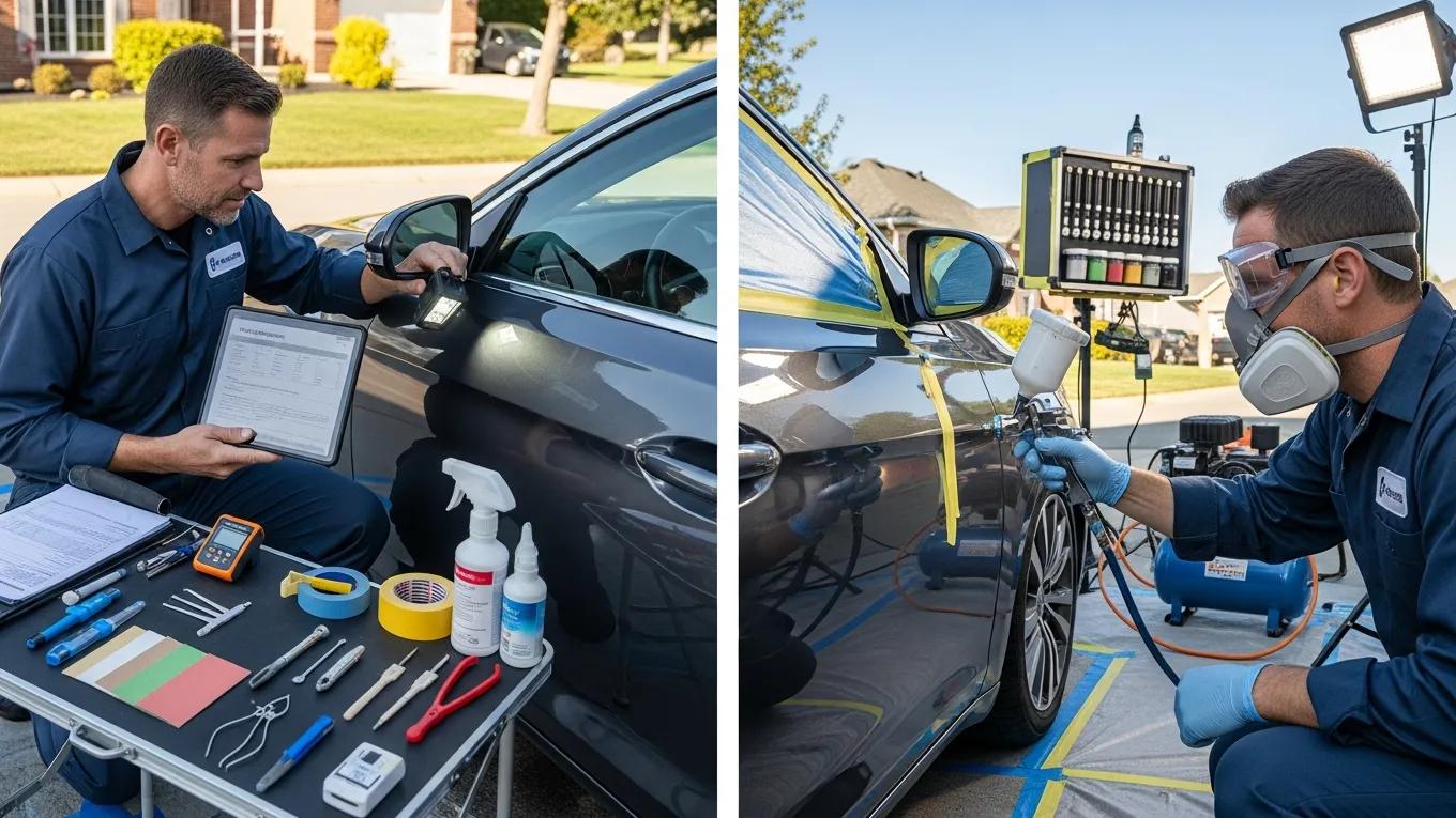 Mobile auto paint repair technician assessing damage and applying color matching techniques to vehicle door.