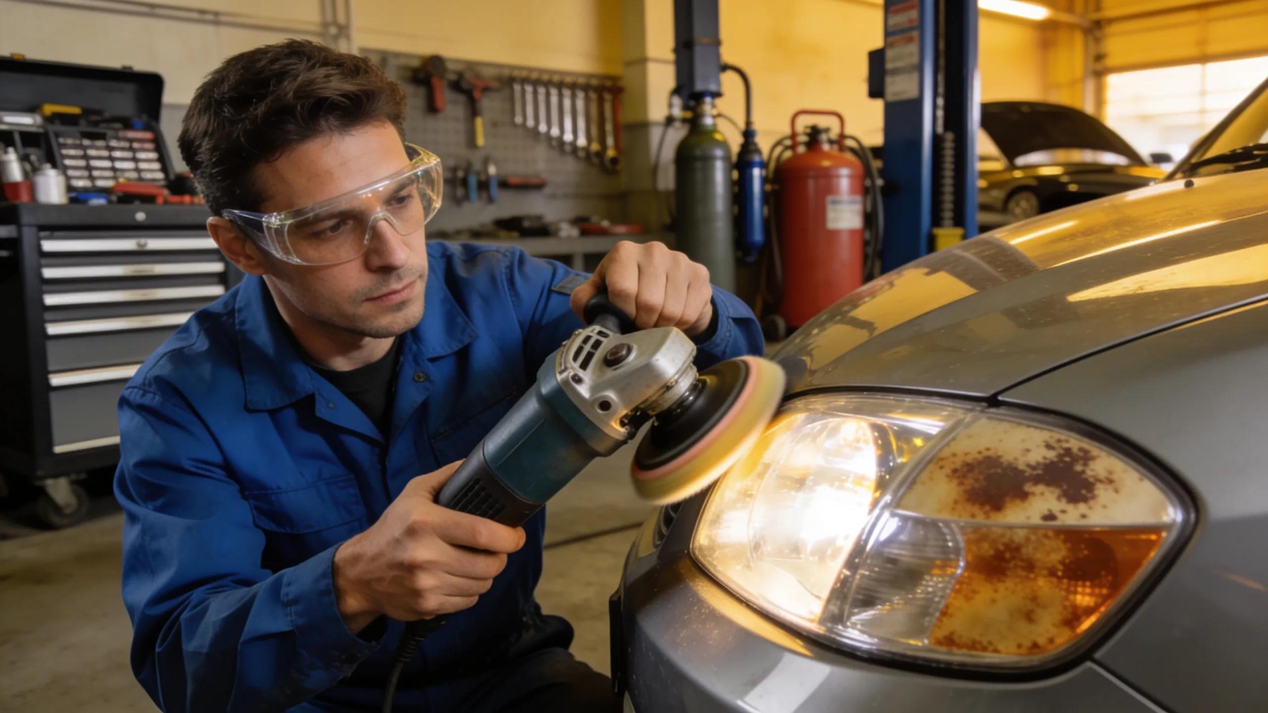 Professional technician restoring vehicle headlights for improved clarity