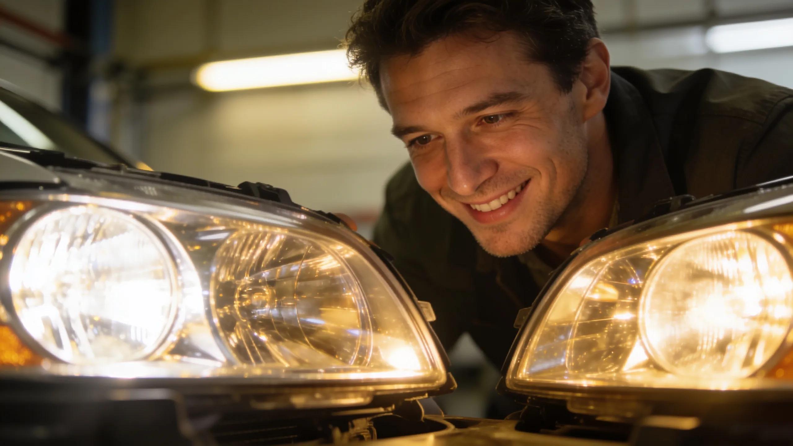Headlight restoration technician inspecting headlights for clarity and quality assurance.