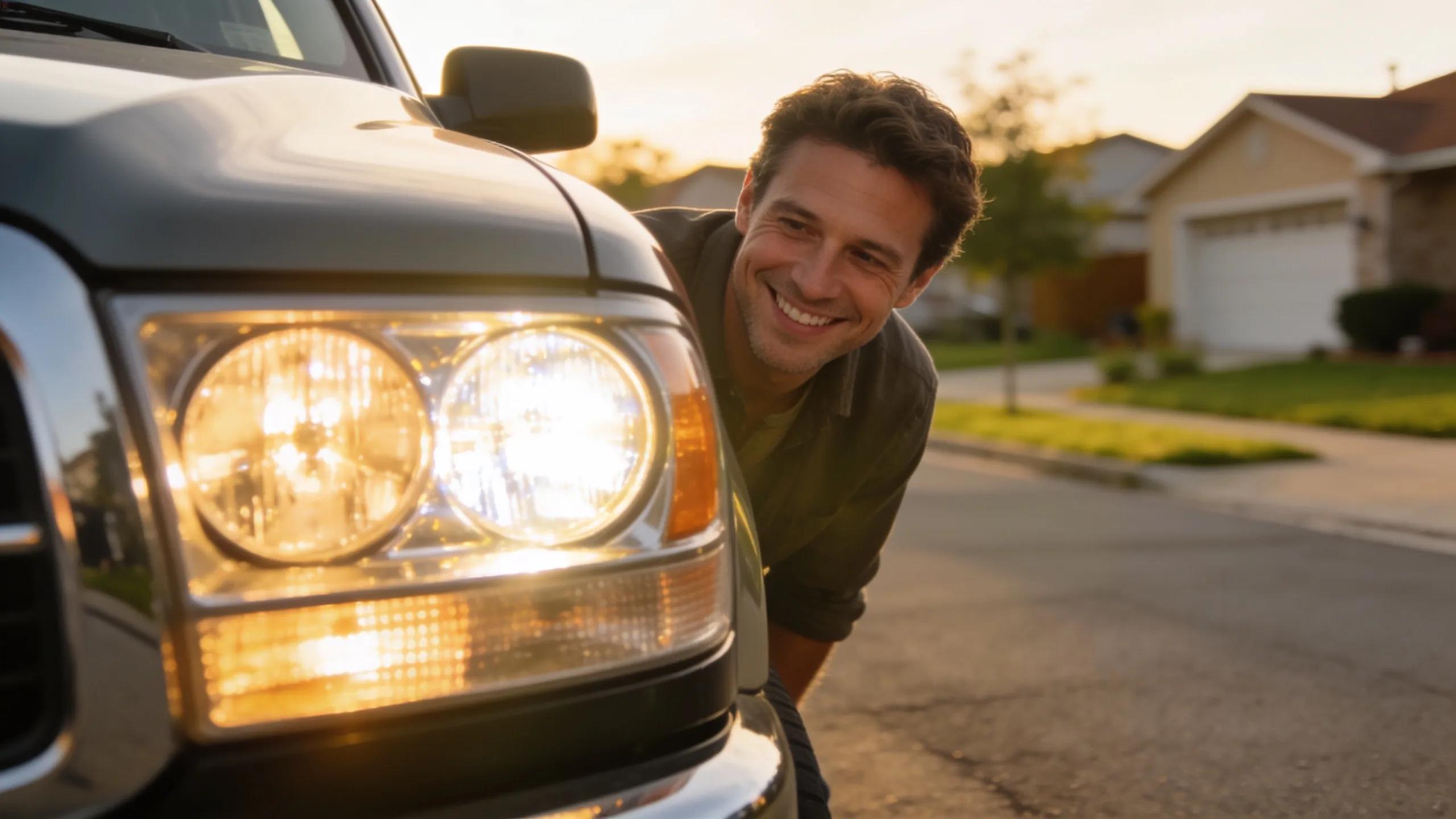 Smiling man inspecting restored headlights and vehicle appearance in Charlotte, NC.