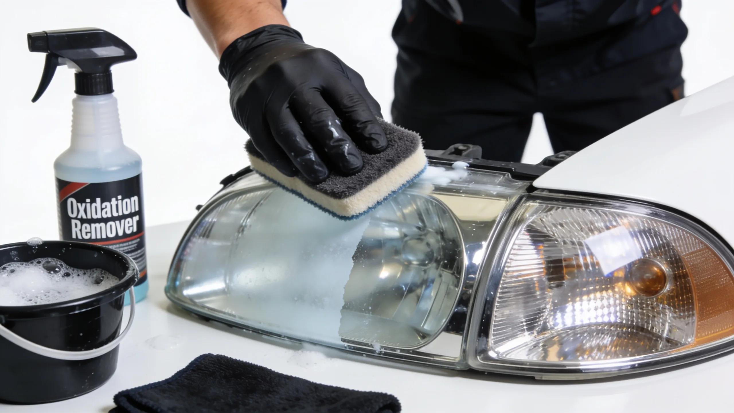 Headlight restoration process with oxidation remover and polishing sponge on cloudy headlight lens.