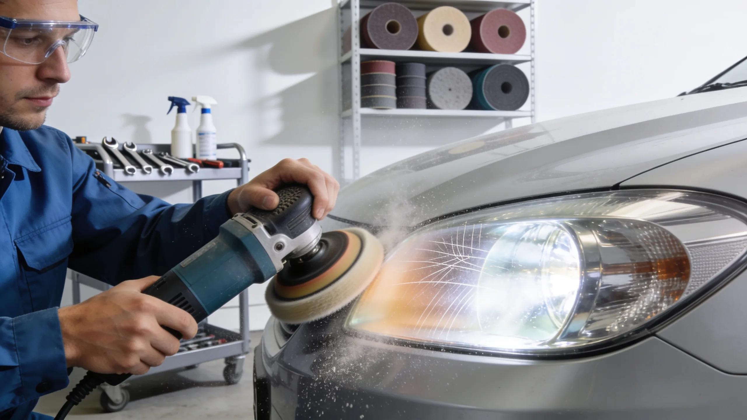 Technician polishing cloudy headlight with abrasive tools for restoration in Charlotte, NC.