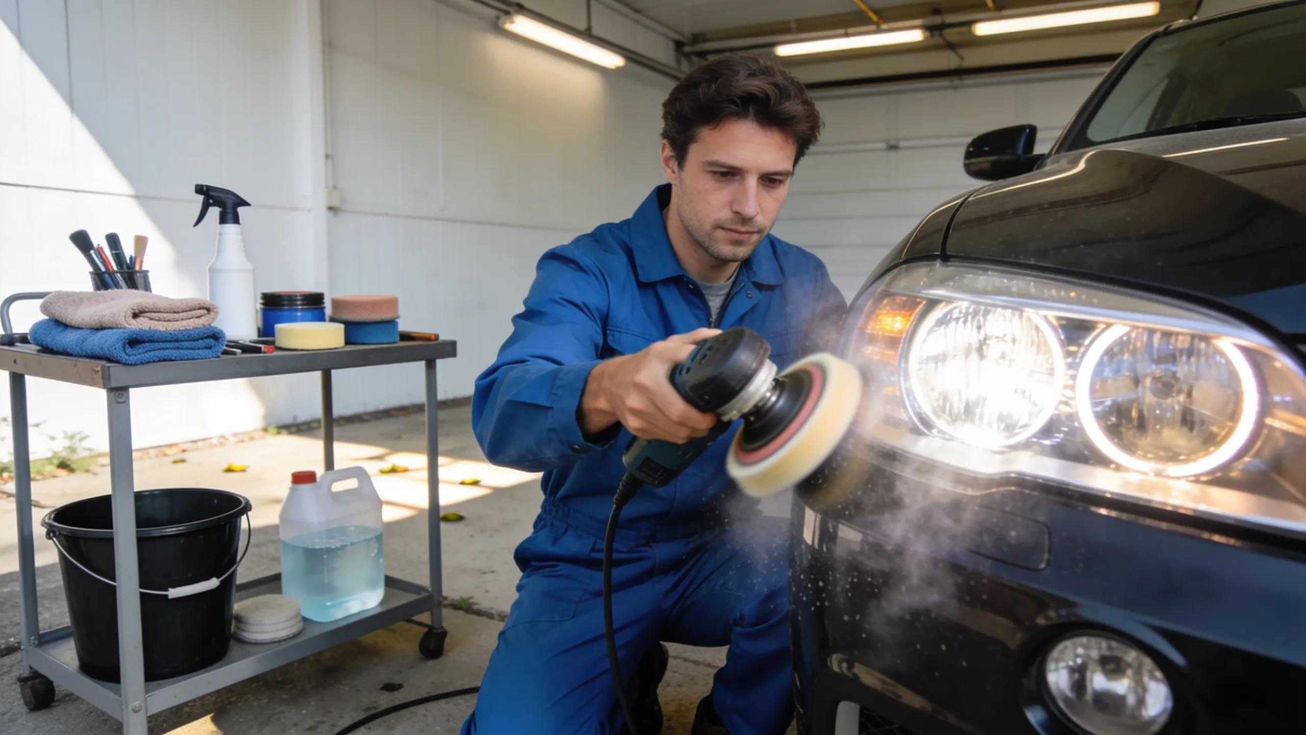 Person using a headlight polishing kit, demonstrating DIY headlight restoration methods