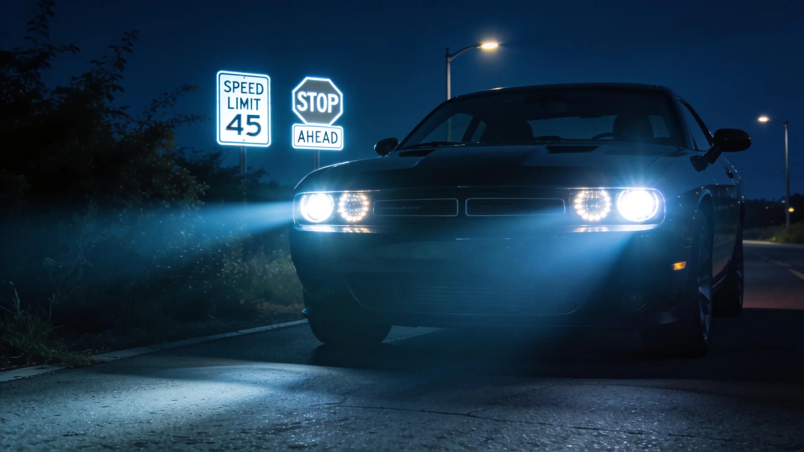 Bright headlights illuminating road and signage for improved nighttime driving safety in Charlotte, NC.