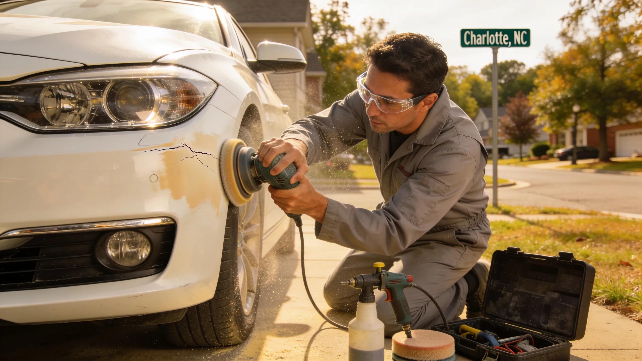 Cosmetic Auto Masters technician buffing car scratch repair in Charlotte, NC.