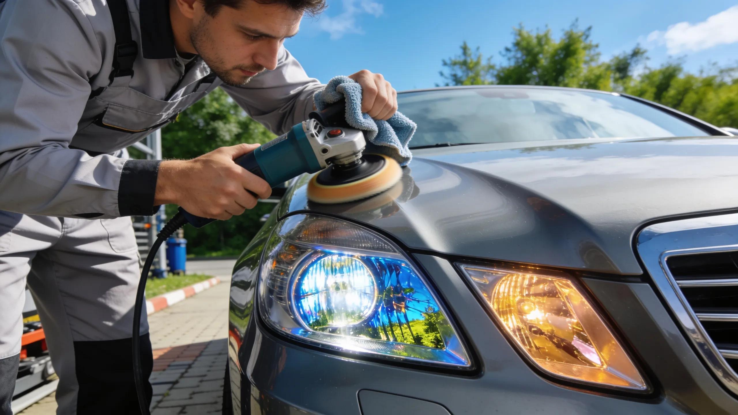 Auto technician restoring cloudy headlights with polishing tool, improving clarity and visibility in Charlotte, NC.