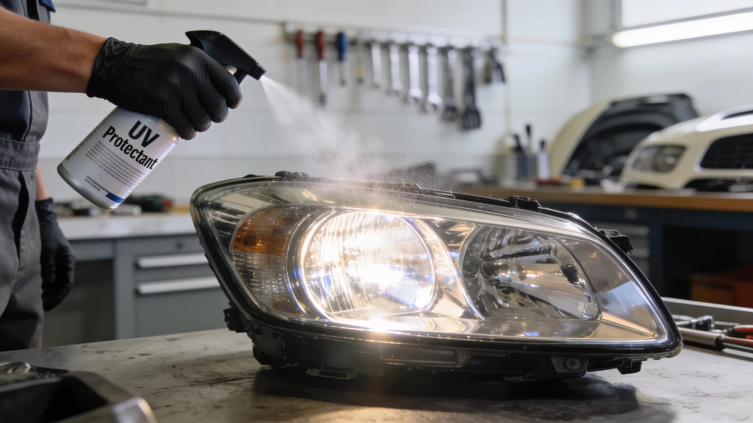 Professional applying UV protectant to restored headlight, enhancing clarity and longevity in Charlotte, NC.