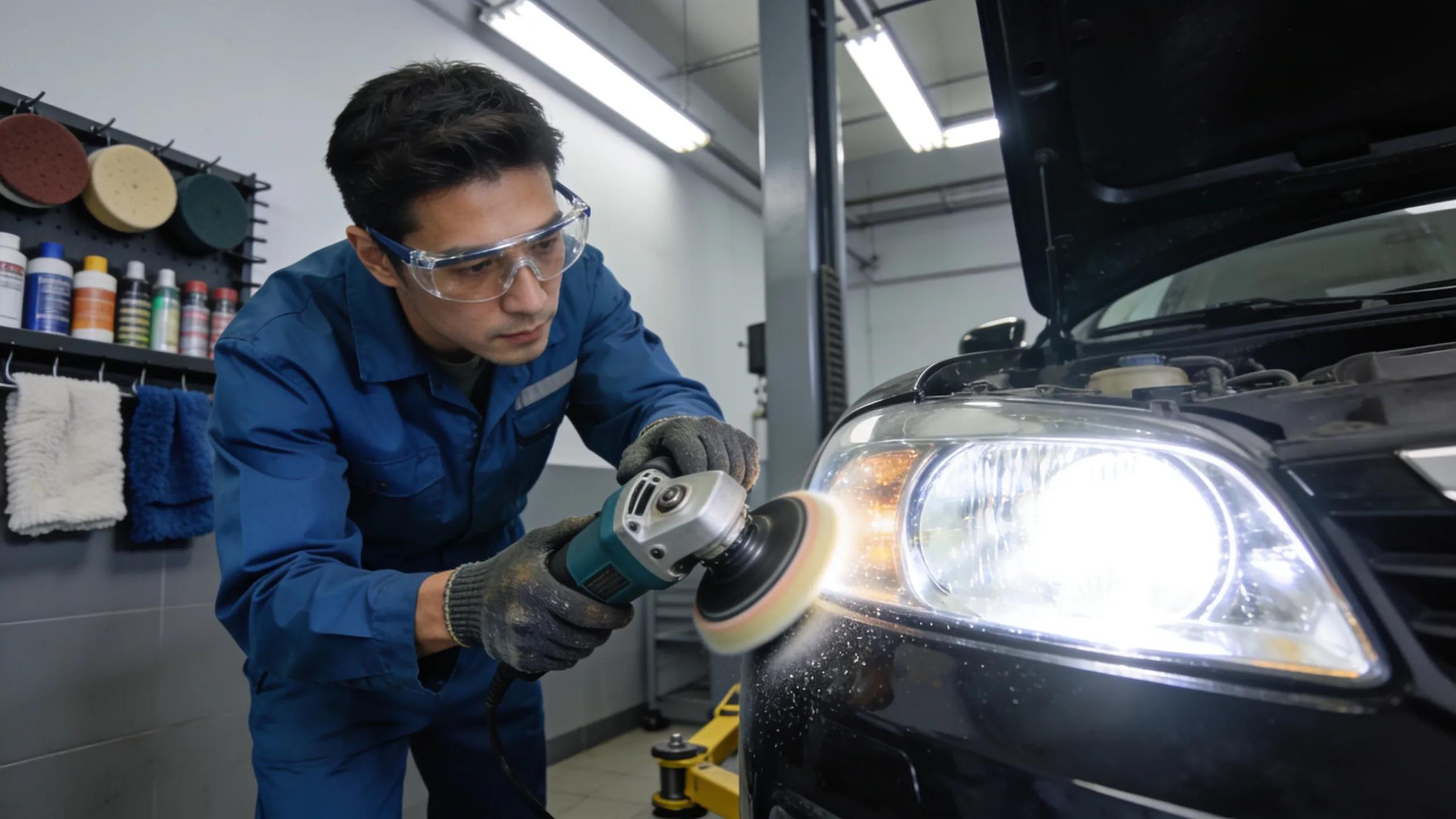 Technician restoring headlight with polishing tool, demonstrating expertise in headlight restoration services.