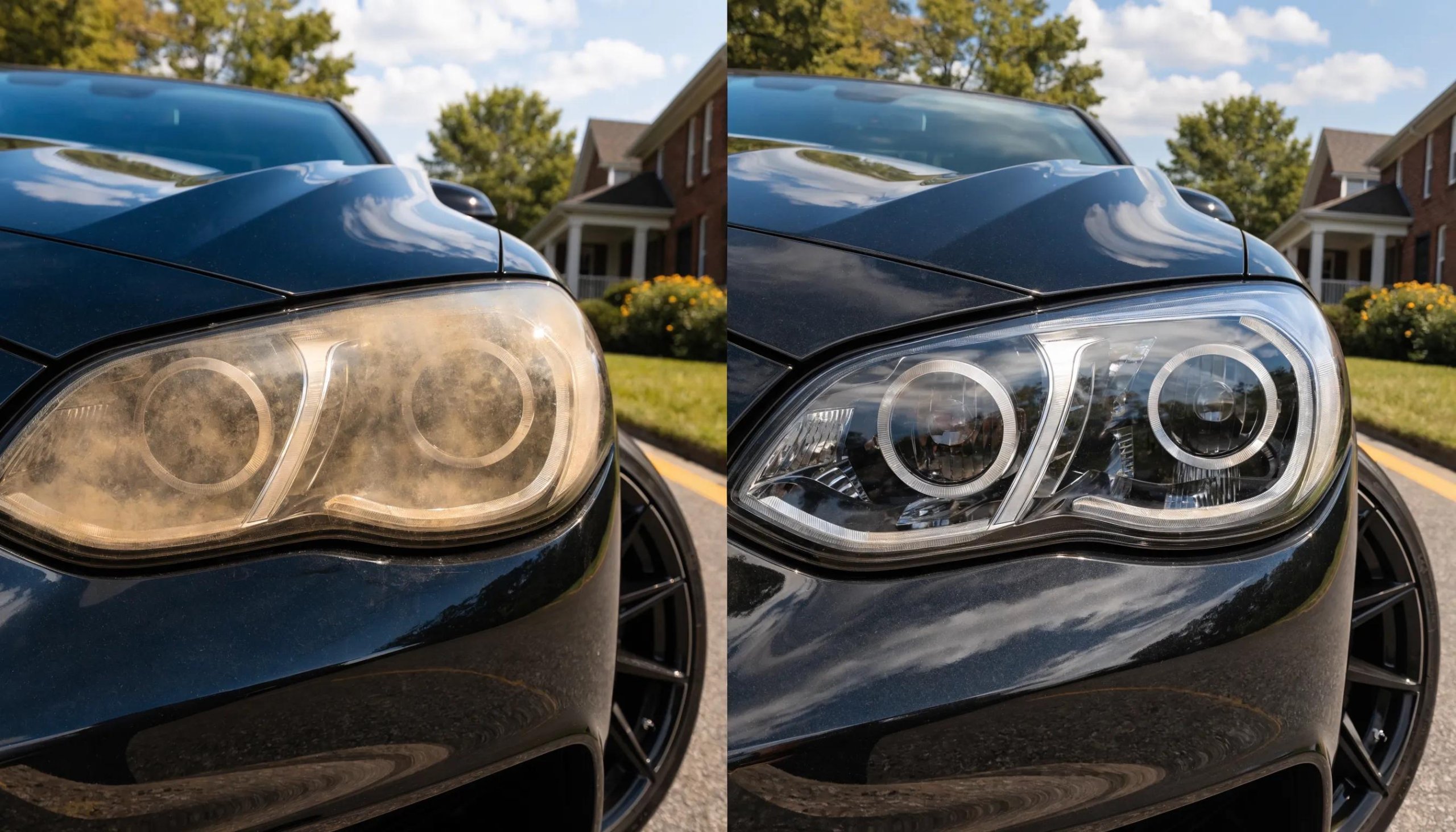 Before and after headlight restoration showing improved clarity and appearance in Charlotte, NC.